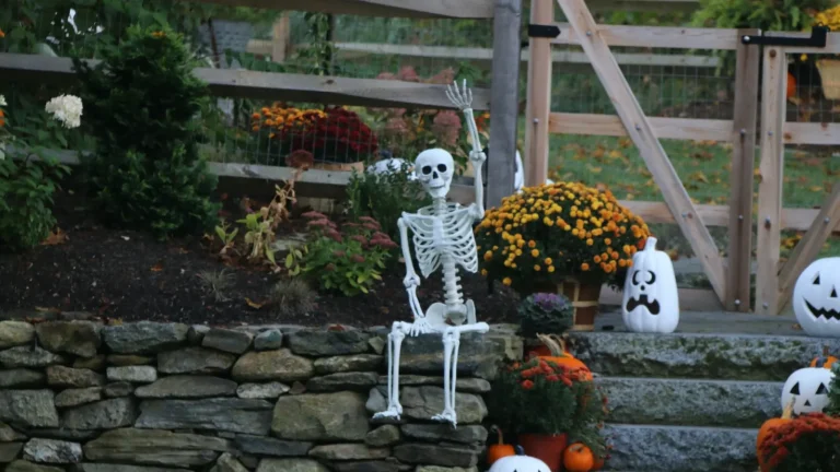 Small skeleton sitting on a stone wall beside pumpkins and ghost decorations